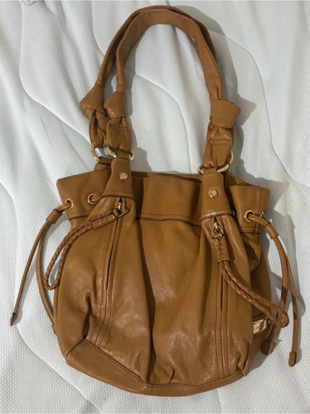 b. makowsky Glove Leather Cognac Braided-Handle Shoulder Bag Pristine Condition